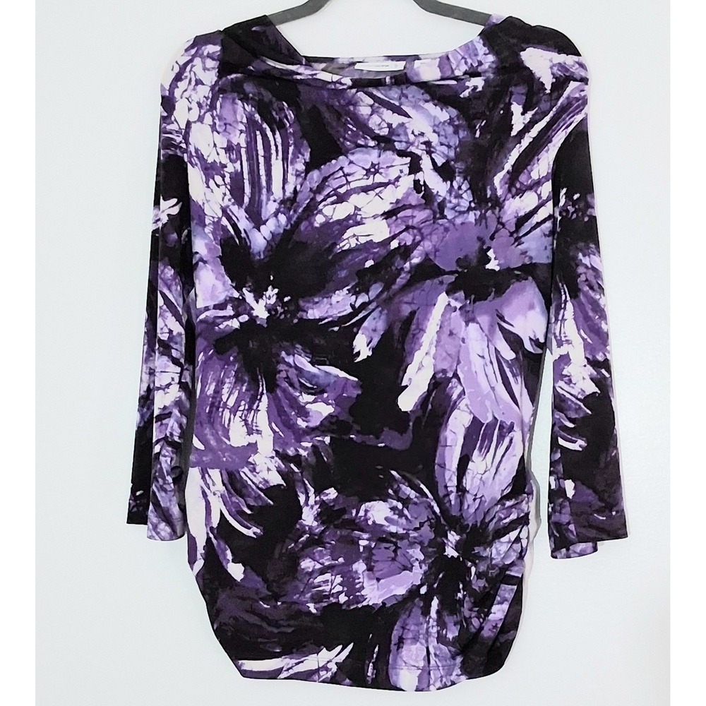 Susan Graver Blouse Women's Size XXS Floral Purple Black Ruched Side 3/4 Sleeves